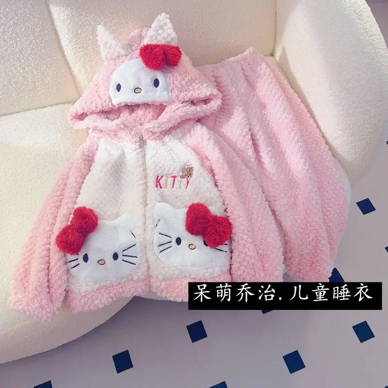 2Pcs Kawaii Hello Kitty Cinnamoroll Kids Plush Pajamas Pants Set Sanrioed Anime Coral Fleece Hooded Winter Thickened Homewear