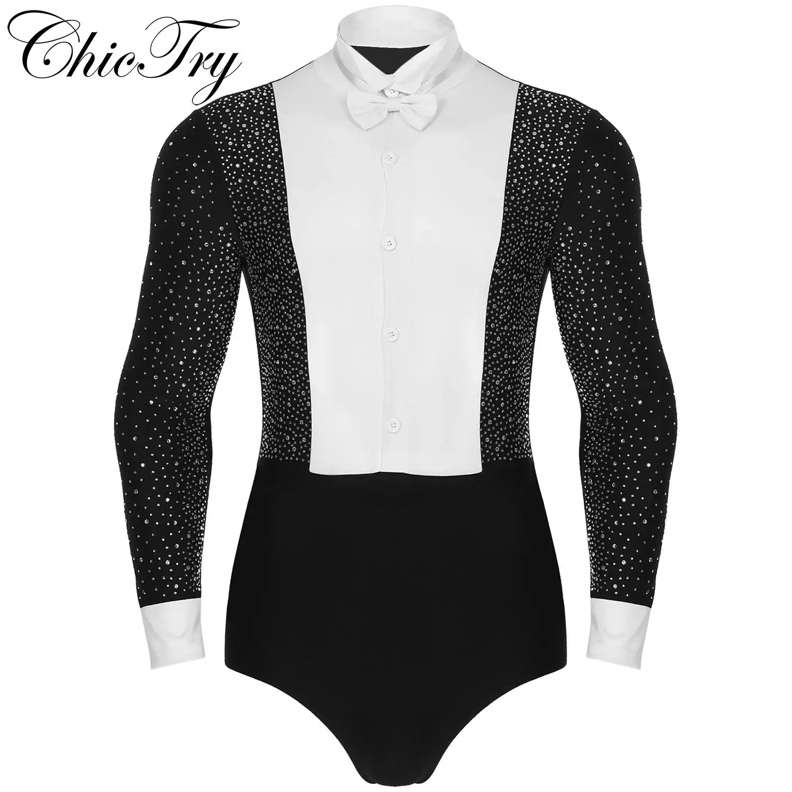 

Men's Shiny Latin Ballet Dance Shirt Leotard Long Sleeve Ballroom Samba Salsa Performance Bodysuit Rumba Bodysuit with Bowtie