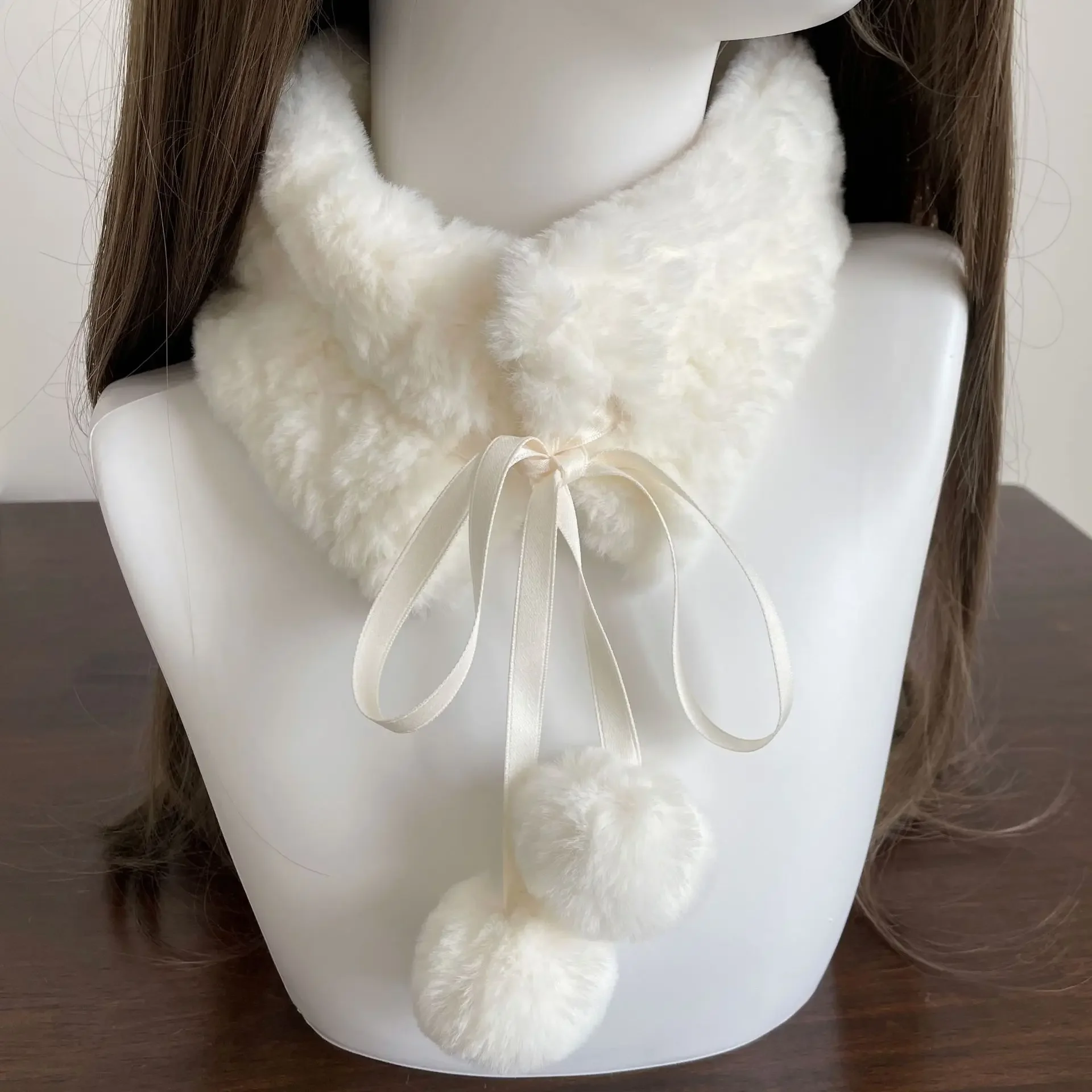 Lolita Plush Scarf Winter Thickened Warm Neck Protector with Ball Shawl Y2K Imitation Sable Collar for Women Wrap Japanese Jk