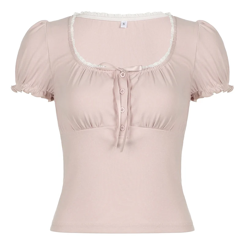 Sweet Button-up Top Women's Summer Cute Slim-fitting Contrast Lace Stitching Bow Square Collar T-shirts Y2K Korean Tees