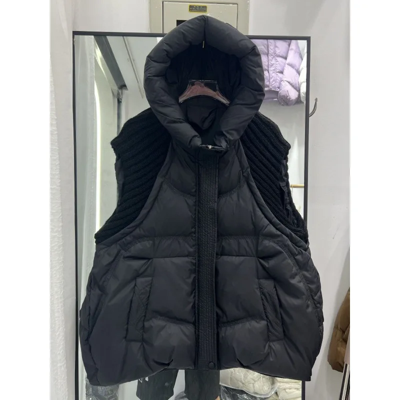 Women's Autumn Winter New Down Jacket Vest Short Hooded Thicken Knitted Wool White Duck Down Waistcoat Outerwear Sleeveless Top