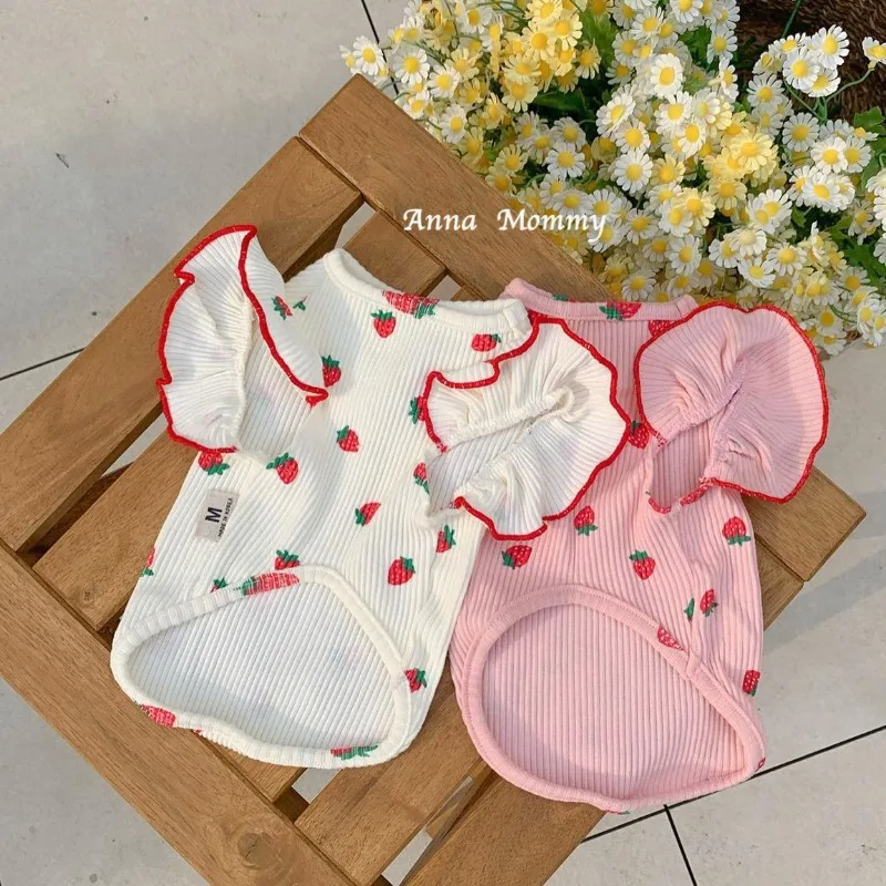 Cute Lace Pet Dog Clothing Breathable Flying Sleeve Strawberry Puppy Vest Teddy Bichon Schnauzer poodle For Small Dog Clothes