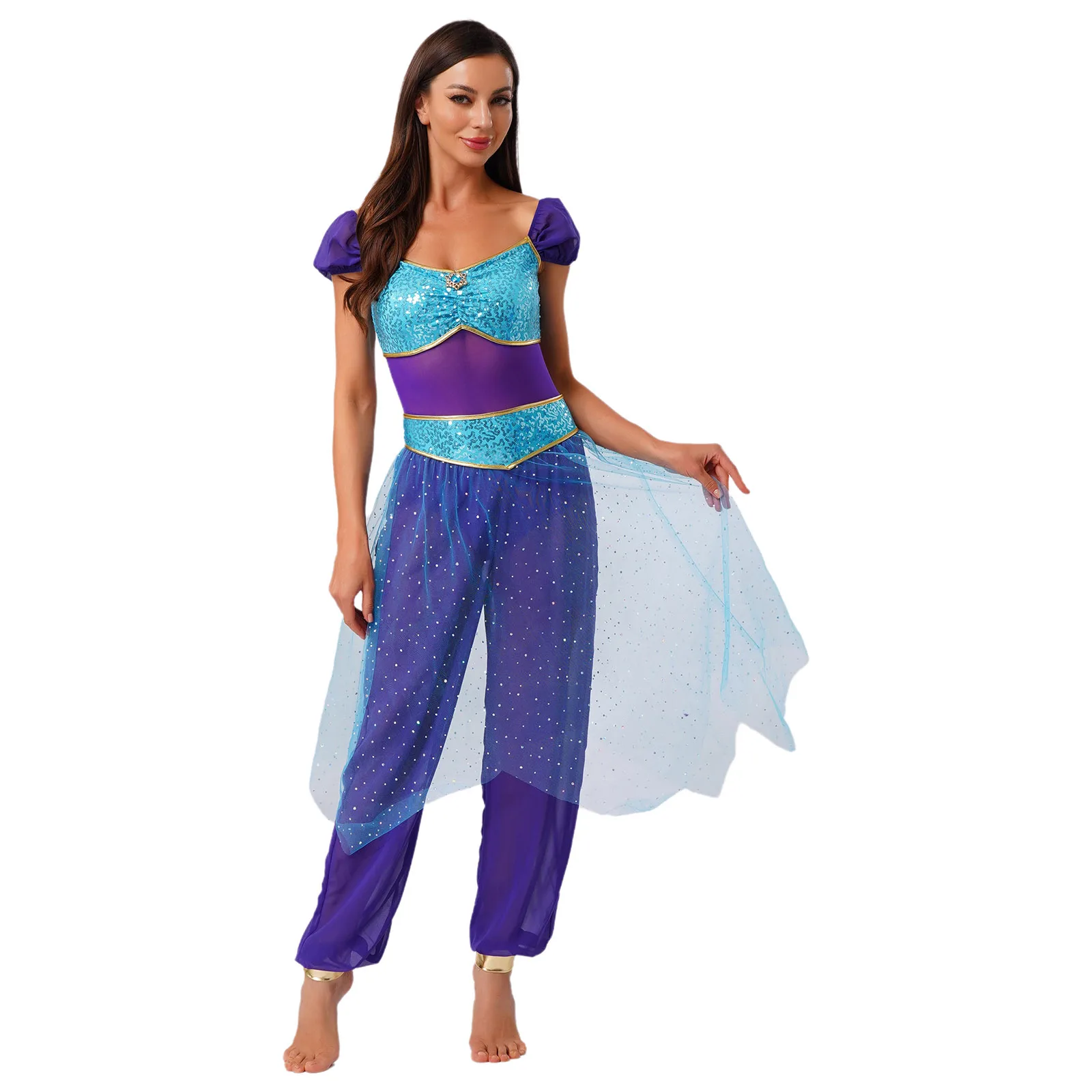 

Womens Arab Princess Belly Dance Rompers Contrast Color Gem Sequined Tulle Sleeveless Jumpsuit for Halloween Christmas Cosplay