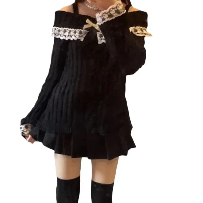 سترة نسائية محبوكة بدون أكتاف بلوفر وردي بلوفرات حلوة وأكمام طويلة مع فيونكة من الدانتيل سترة Y2k ملابس الشارع