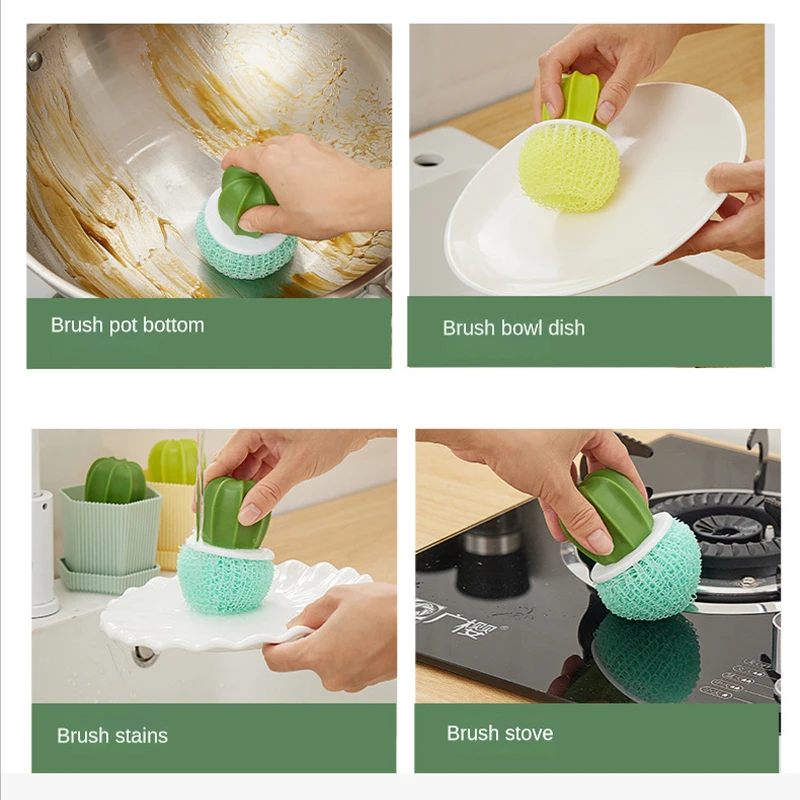 Nanometer Cleaning Ball Household Kitchen Cleaning Brush Cactus Dishwashing Brush Pot Washing Brush with Handle Cleaning Tools