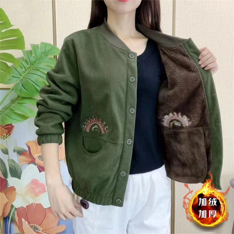 

Зимняя одежда для женщин 2024, винтажная плюшевая толстая теплая однобортная куртка с вышивкой, повседневная однотонная свободная верхняя одежда с длинными рукавами