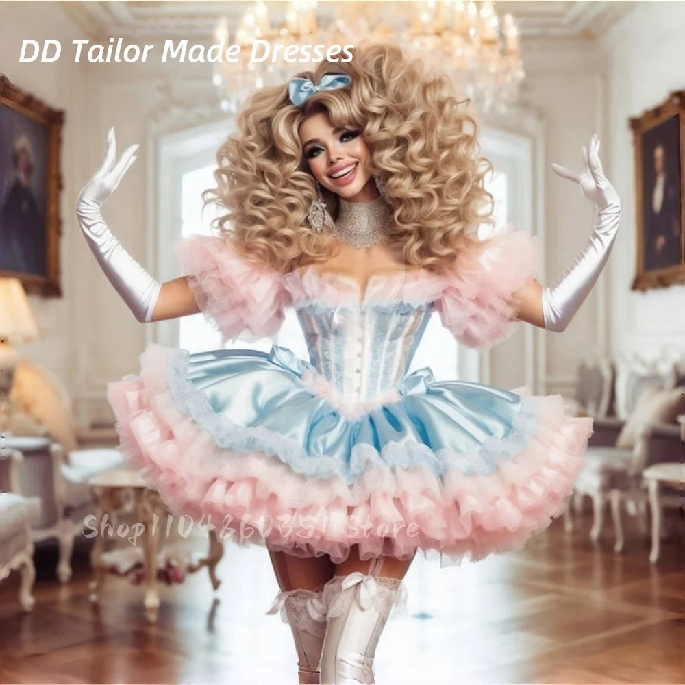 منتفخ فستان حفلة موسيقية قصيرة طفل الوردي والأزرق الفاتح الكرة ثوب لوليتا فستان العودة للوطن مشد قبالة الكتف قصيرة الأكمام حسب الطلب