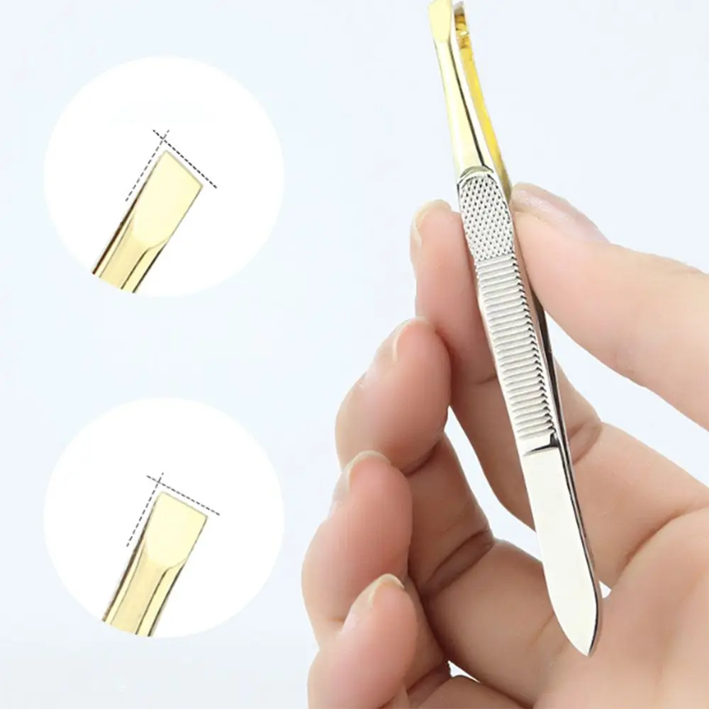 Stainless Steel Eyebrow Trimming Tweezers Slant Tip Plucking Eyelash Curler Flat Tip Mesh Stripe Handle Eye Brow Clips Girl