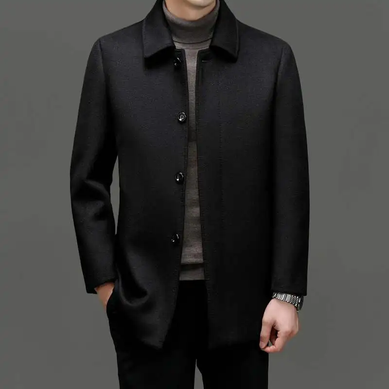 

Spring Autumn Middle-aged And ly Men's Woolen Coat Casual Turn-down Collar Long Sle Busin Casual Outerwear