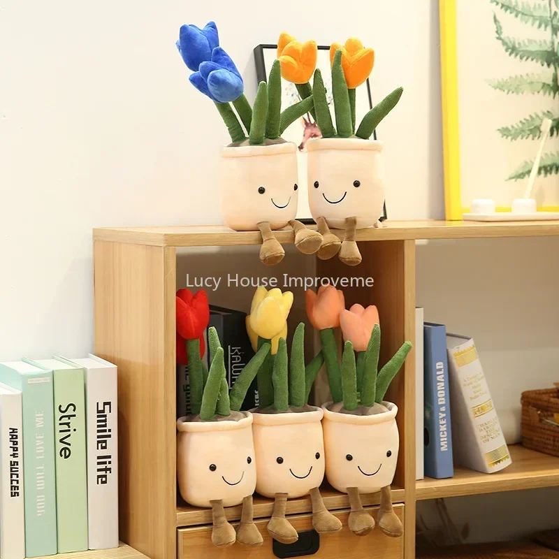 Lifelike Tulip&Succulent Plants Plush Stuffed Decor Toys Soft Bookshelf Decor Doll Creative Potted Flowers Pillow for Girls Gift