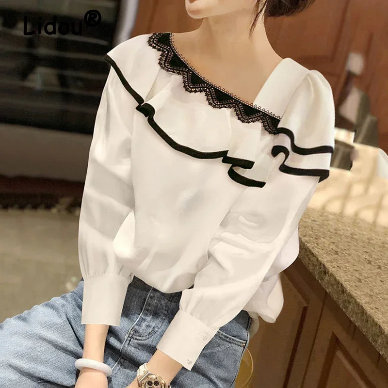 

Spring Summer New Korean Style Sweet Diagonal Collar Ruffles Lace Patchwork Elegant Fashion Blouse Top Women Loose Casual Shirts