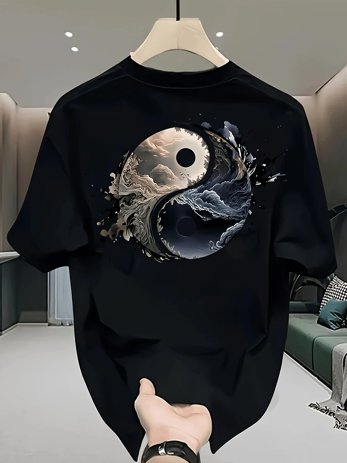 Yin Yang with Ocean and Cloud Art Print on Premium Soft 100% Cotton Mens T Shirt Perfect for Summer Casual Streetwear Style
