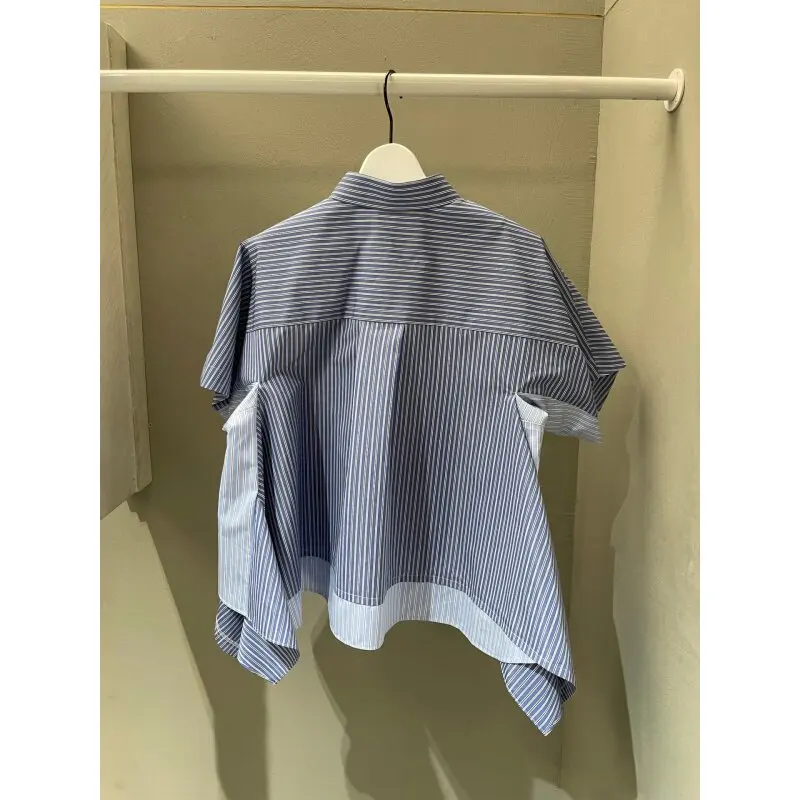 SAC Japanese summer striped stitching loose irregular hem short-sleeved shirt