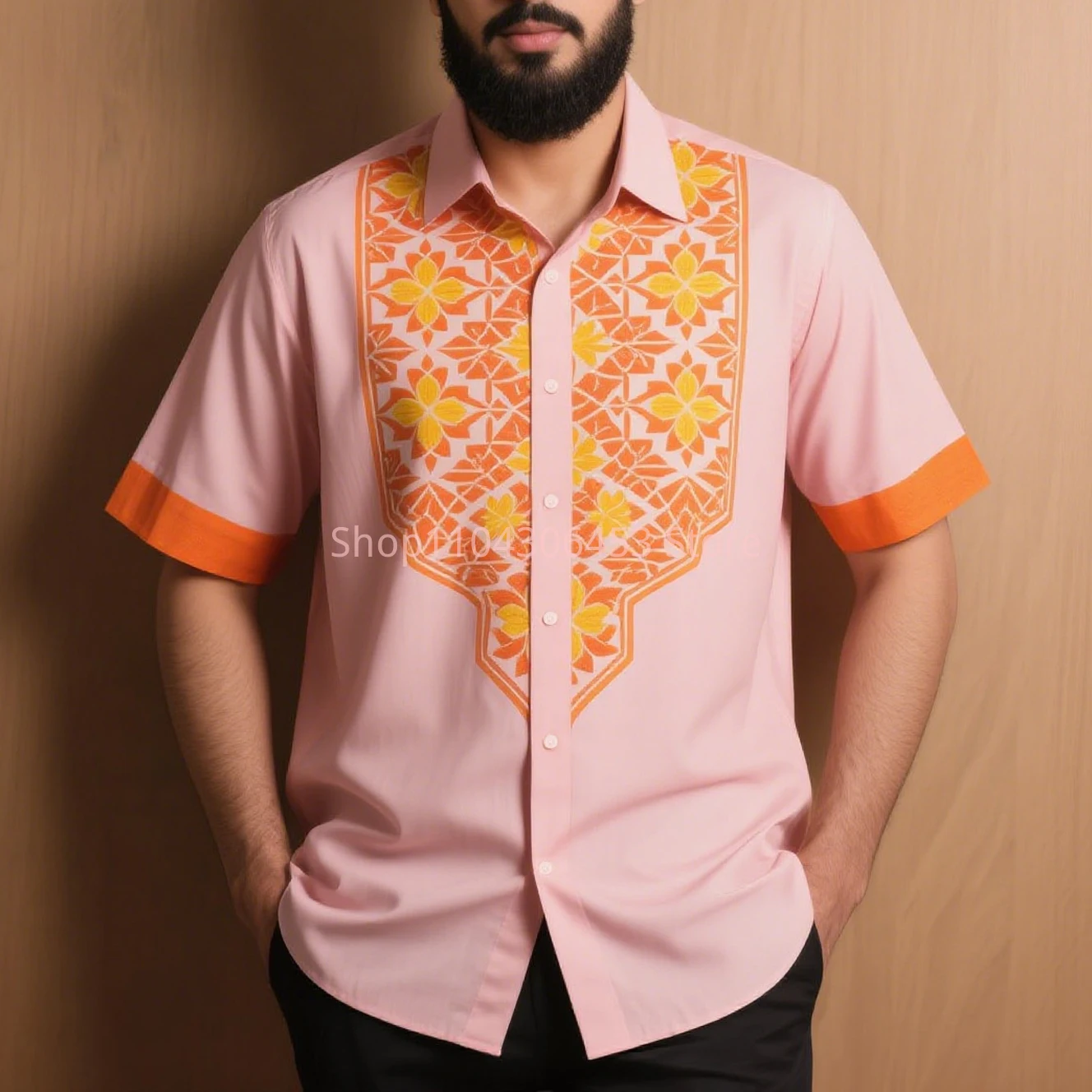 Autumn Men's Multi-color Ethnic Totem Printed Short-sleeved Lapel Shirt Thin Breathable Business Casual Beach Vacation Casual