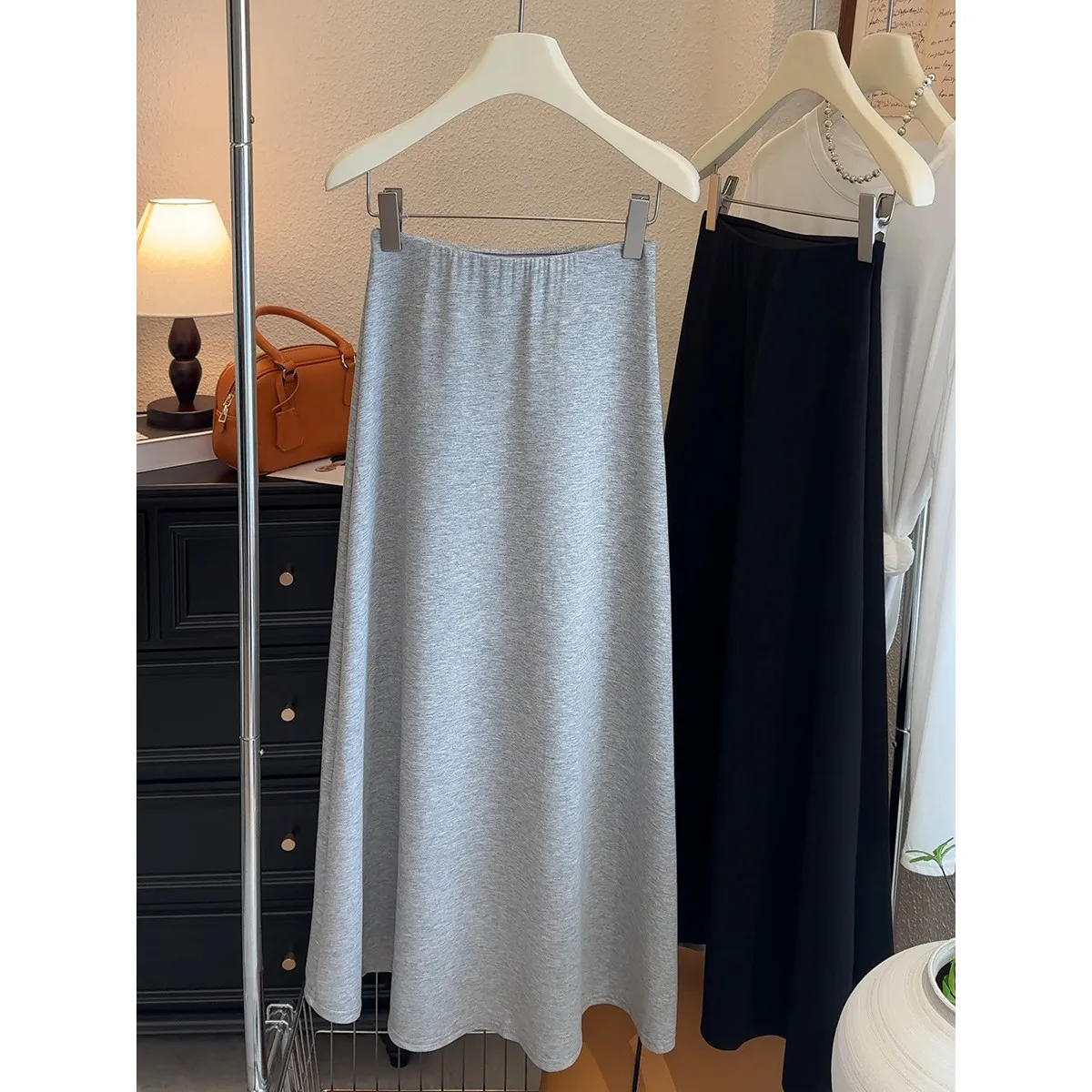 ハイウエストAラインミディスカート レディース 夏 ルーズ カジュアル ソフト シンプル ミディアム丈スカート ポリエステル繊維 ビジネスカジュアル