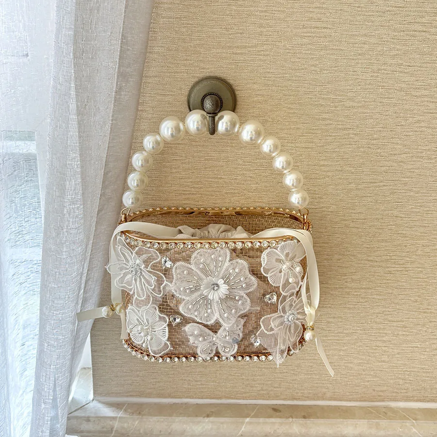 Metal Pearl Ribbon Flower Vegetable Basket Birdcage Bucket Bag Banquet Water Diamond Chain Clutch Messenger Bag
