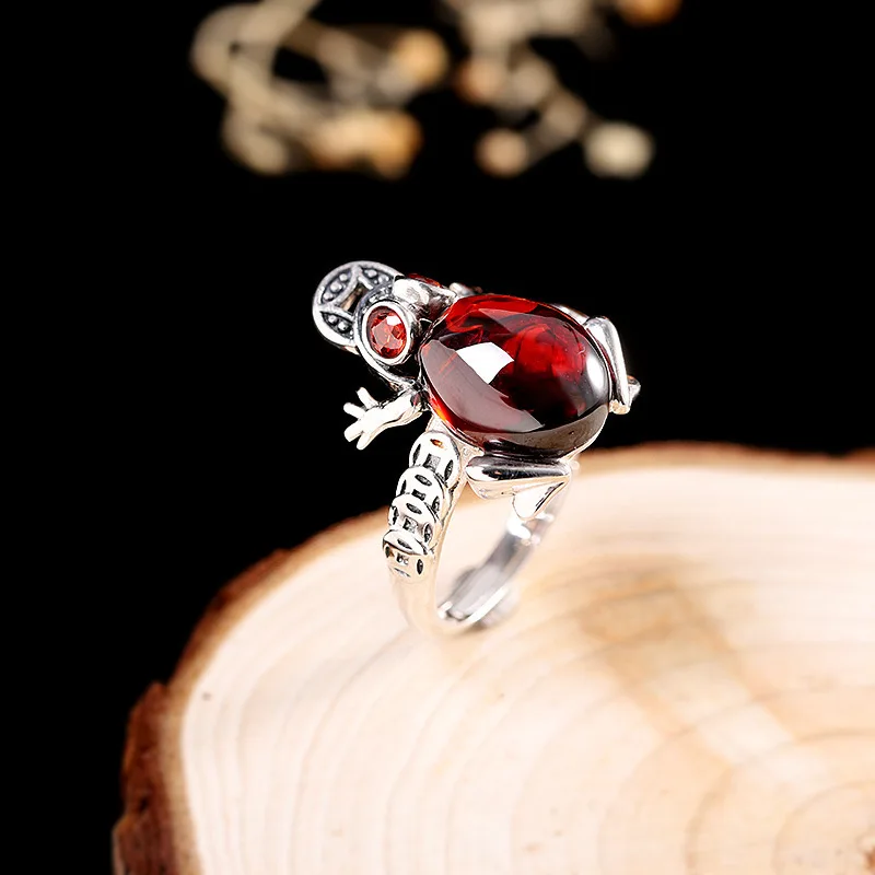 Amxiu Vingtage Open Ring Red Garnet 925 Sterling Silver Ring Animal Toad Frog Rings