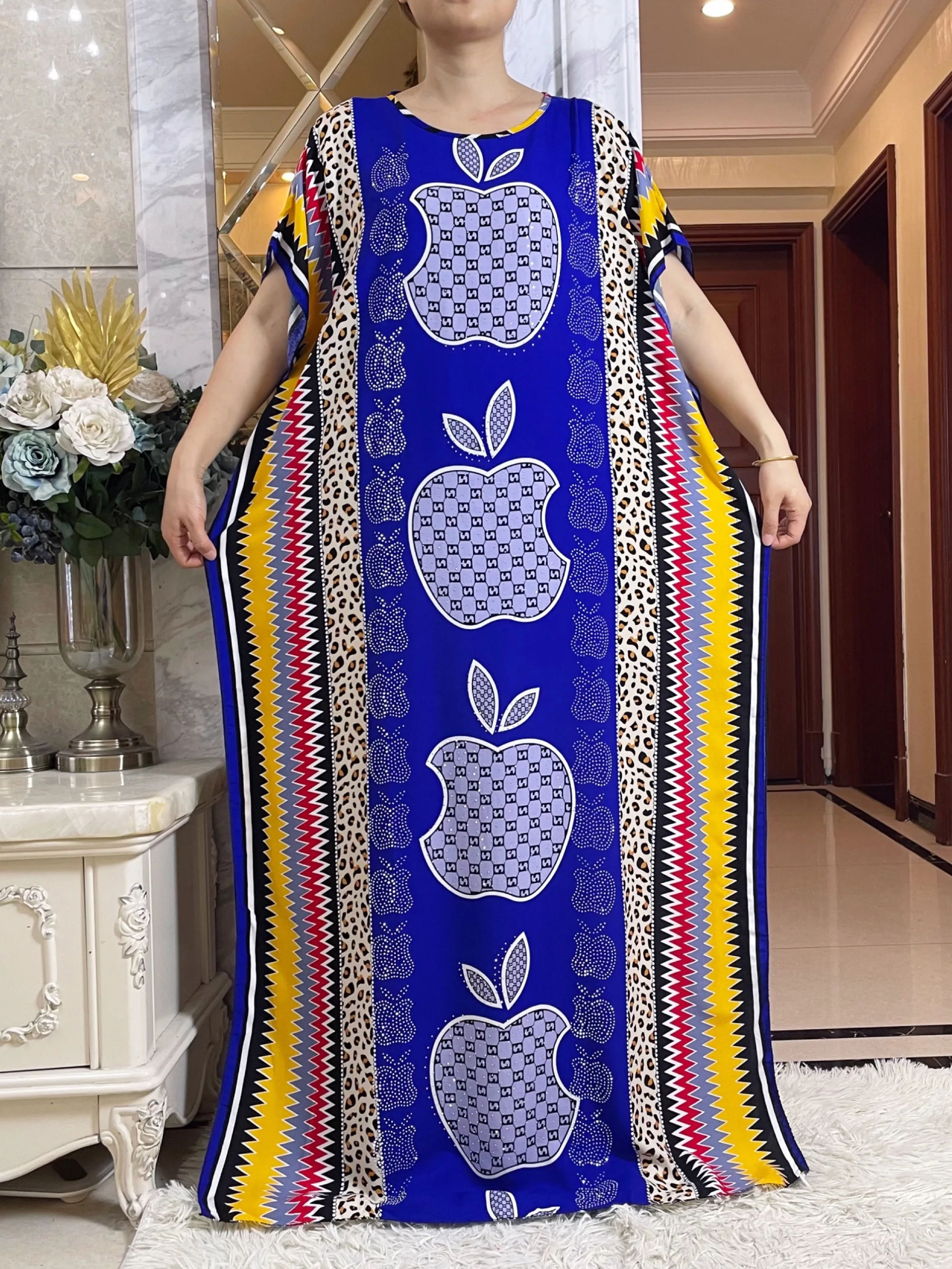 New Muslim Abayas For Women Printed Floral Diamonds Cotton Short Sleeve Loose Fit Femme Robe African Islam Dress With Big Scarf