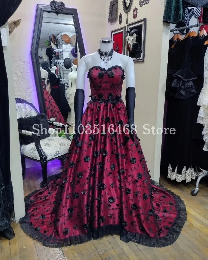 Burgundy Gothic Victorian Wedding Dress Vintage Floral Applique Sheath A-Line Long Medieval Customised Wedding Dress vestidos