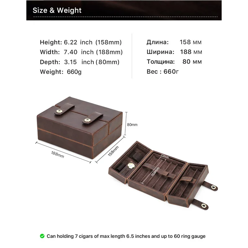 Vintage Crazy Horse Leather Clasp Cigar Storage Box with Flip Cover, Portable Genuine Leather Humidifying Cigar Case for Export - view 6