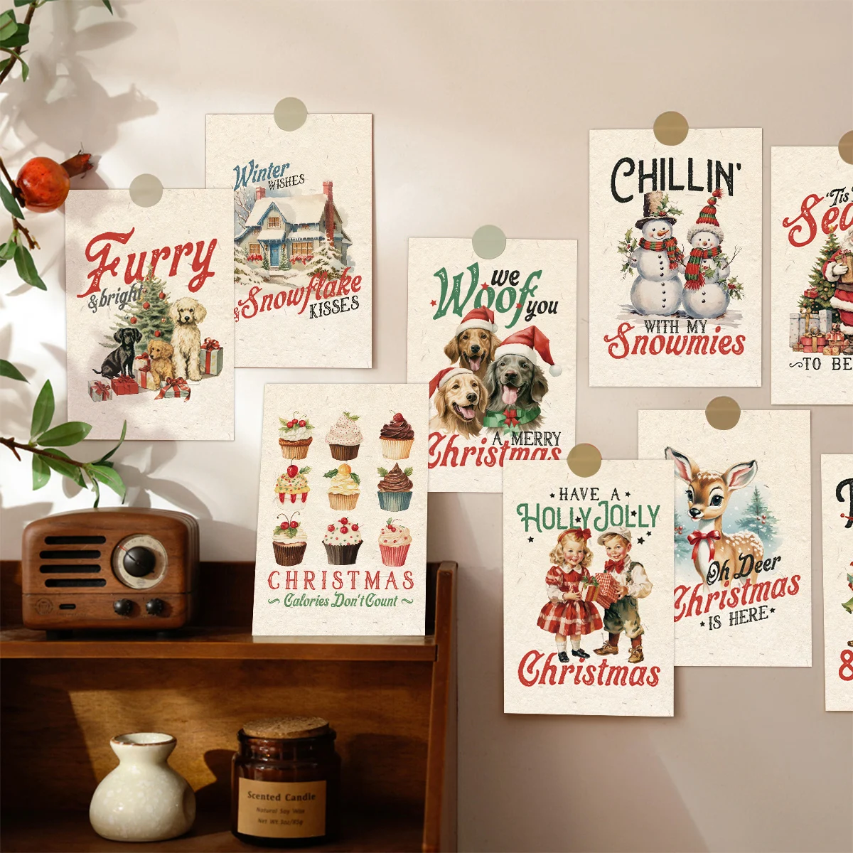 12-Pack Vintage Christmas Cards,Funny Pun Postcard Set with Santa,Dog and Cat,Retro Poster Christmas Decorations,Xmas Gift Cards