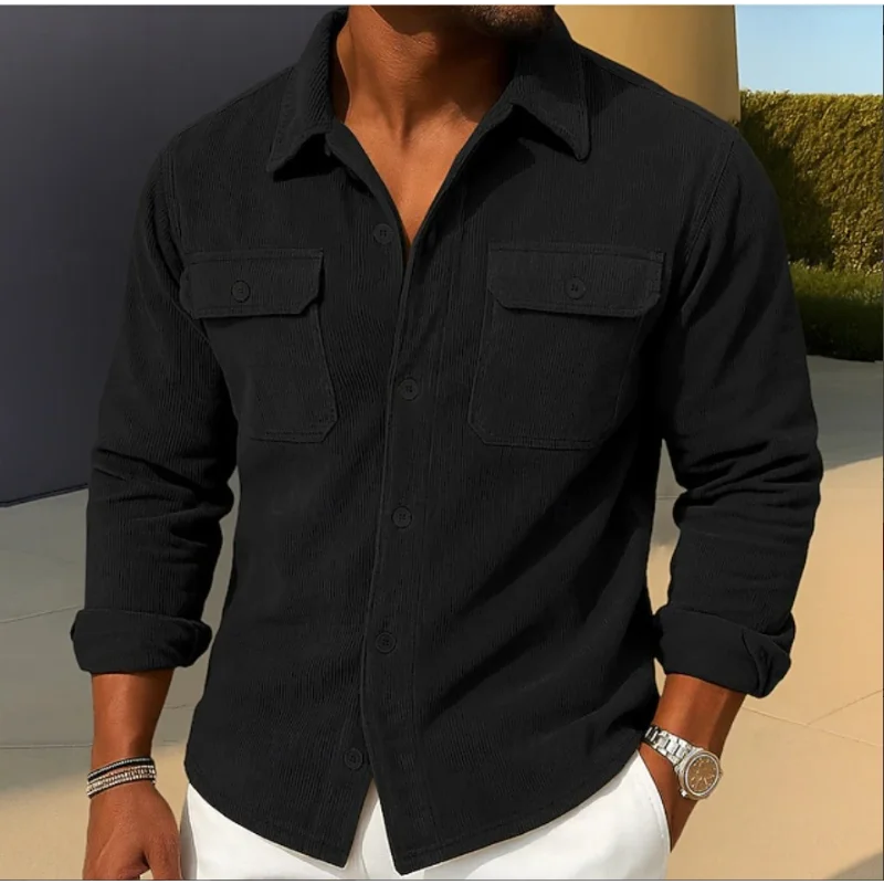 

Мужская вельветовая рубашка с длинным рукавом, повседневные рубашки на пуговицах с двойным карманом