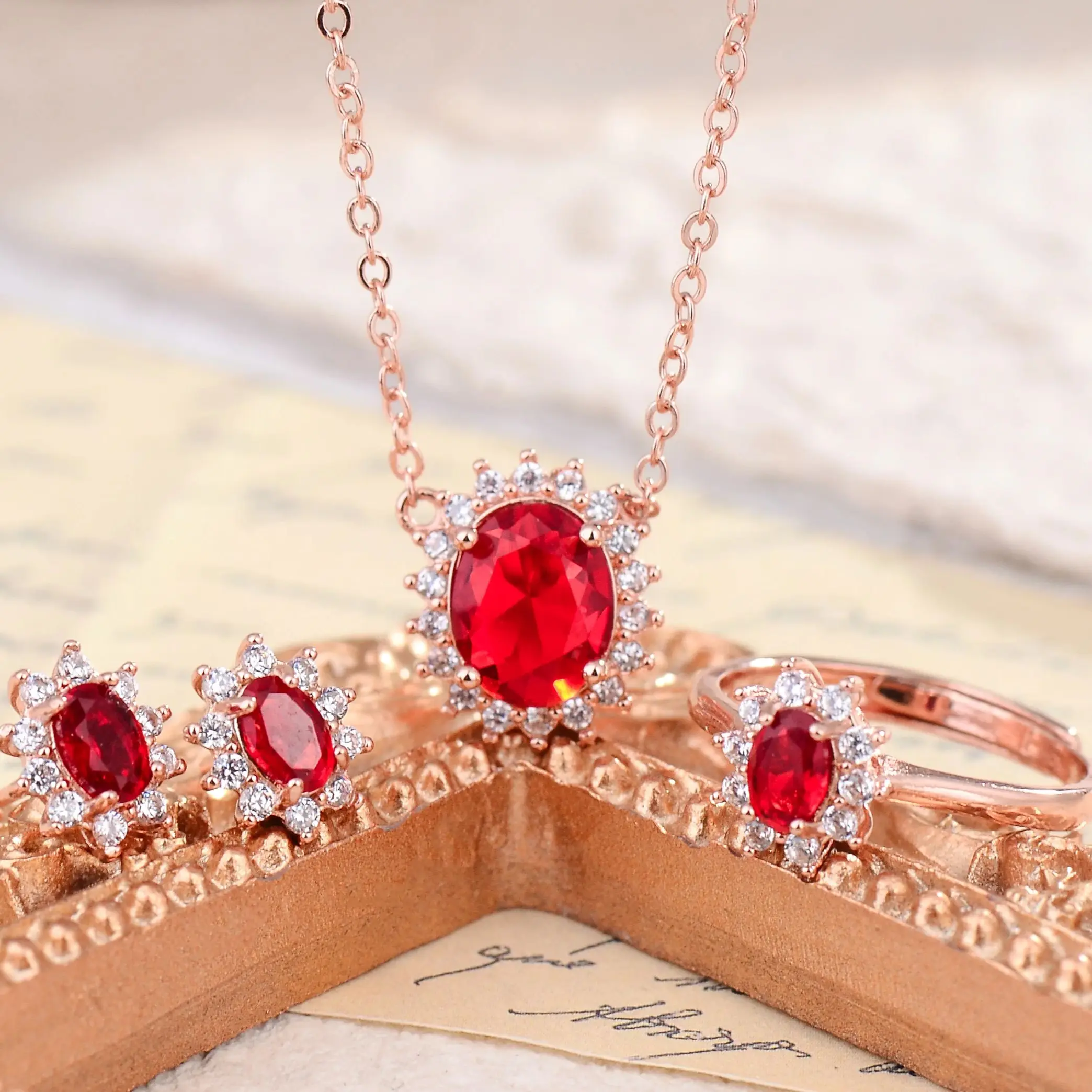 DROZENO925 Sterling Silver Cut Ruby Red High Carbon Diamond  Chain Necklace Drop Earrings Rings Fine Jewelry Set wedding bridal