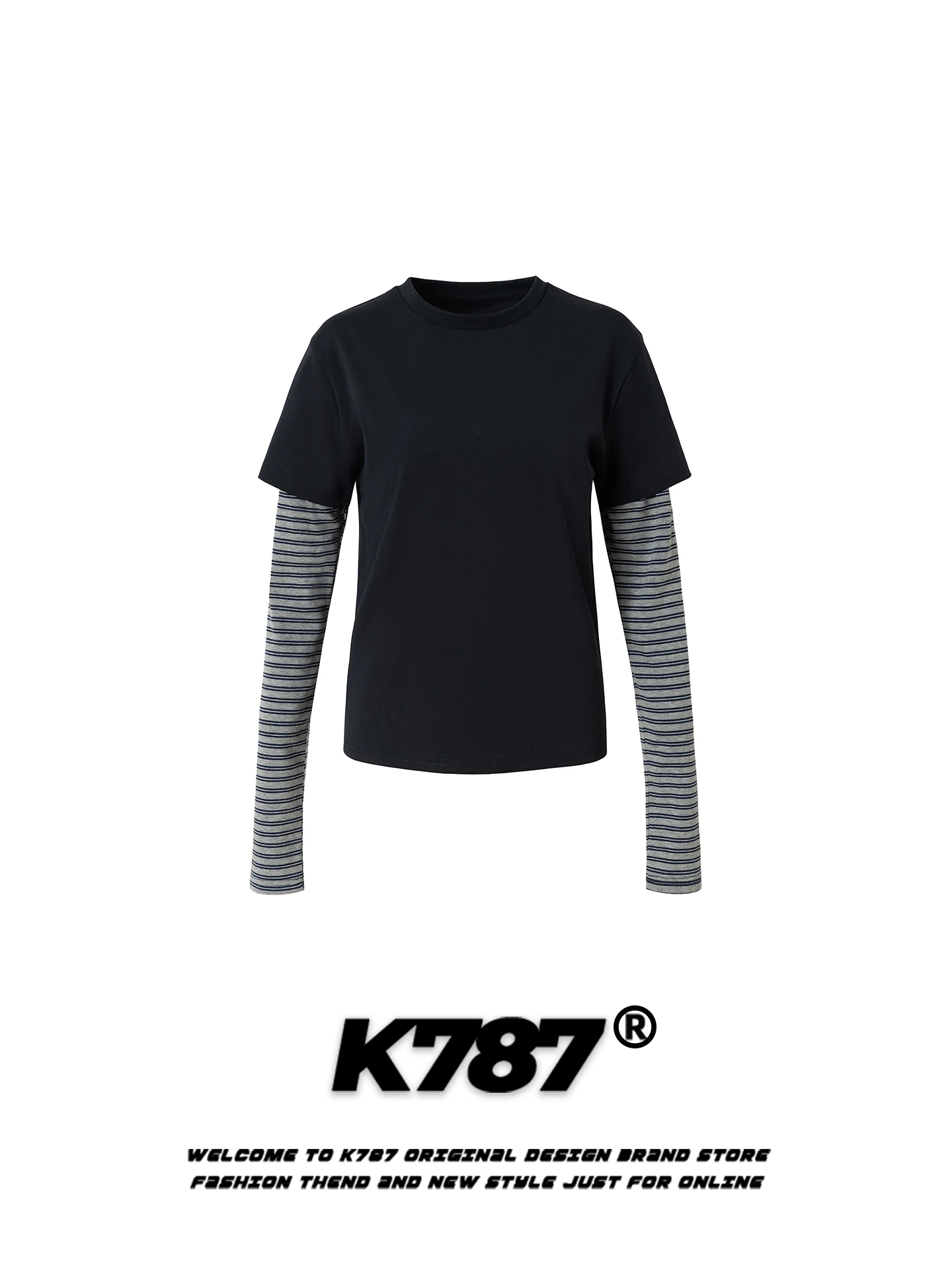 

K787 American Casual Striped Fake Two-Piece Long Sve T-irt Women Slim Spring Trend ort Base irt Top for Couples