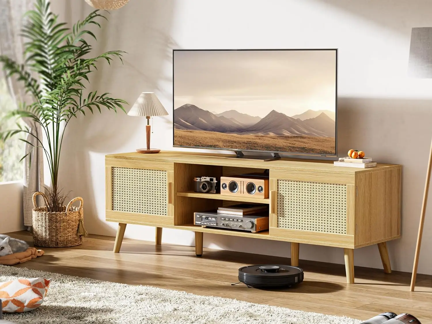 TV Stand for 55 In TV,Rattan Entertainment Center with Adjustable Shelf,2 Cabinets,Media Console,Solid Wood Feet - Natural