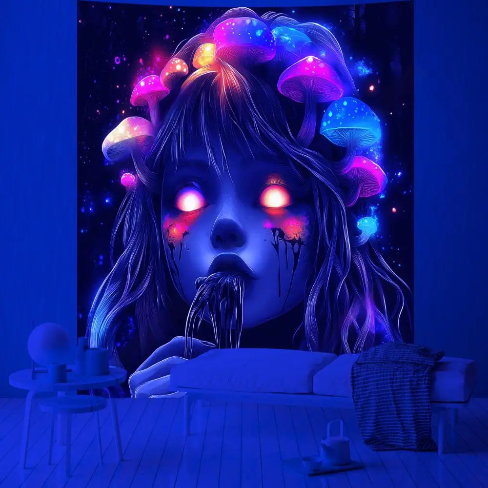 VIKAMA Herz fluoreszierender magischer Pilz Wandteppich Tränen Mädchen Illusion bunter Pilz Halloween Party dunkler Wind Raumdekoration