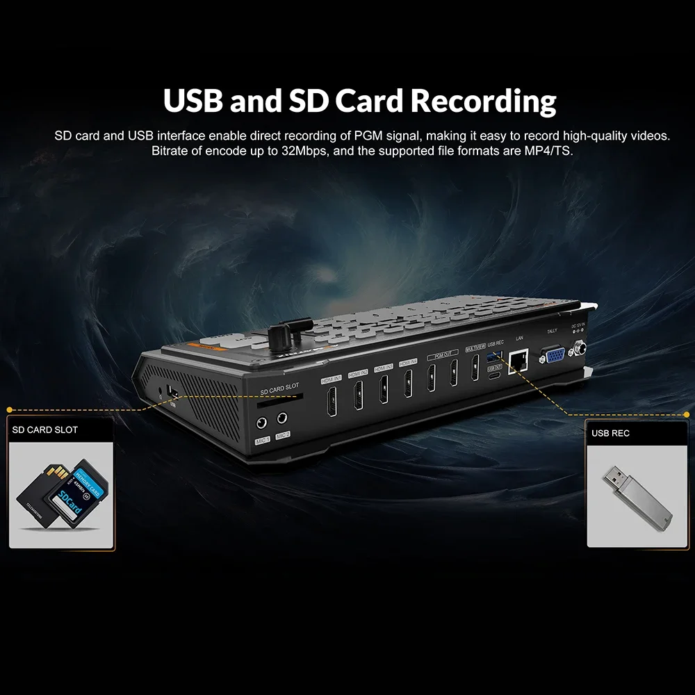 AVMATRIX-Shark H4 HDMI Streaming Video Switcher com Mixer Áudio, Live Video Shooting e Gravação Streaming Streaming, USK e DSK