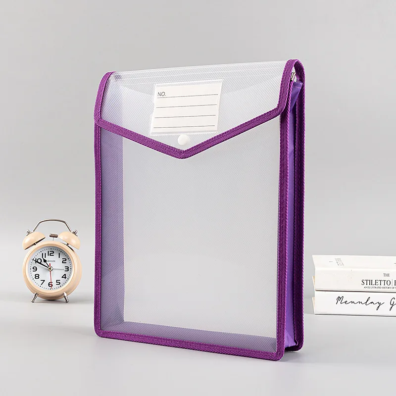 1Pc A4 Transparent Color Edge Snapper File Folder Student Test Paper Textbook Storage Bag Office Paper Document Desk Organizer