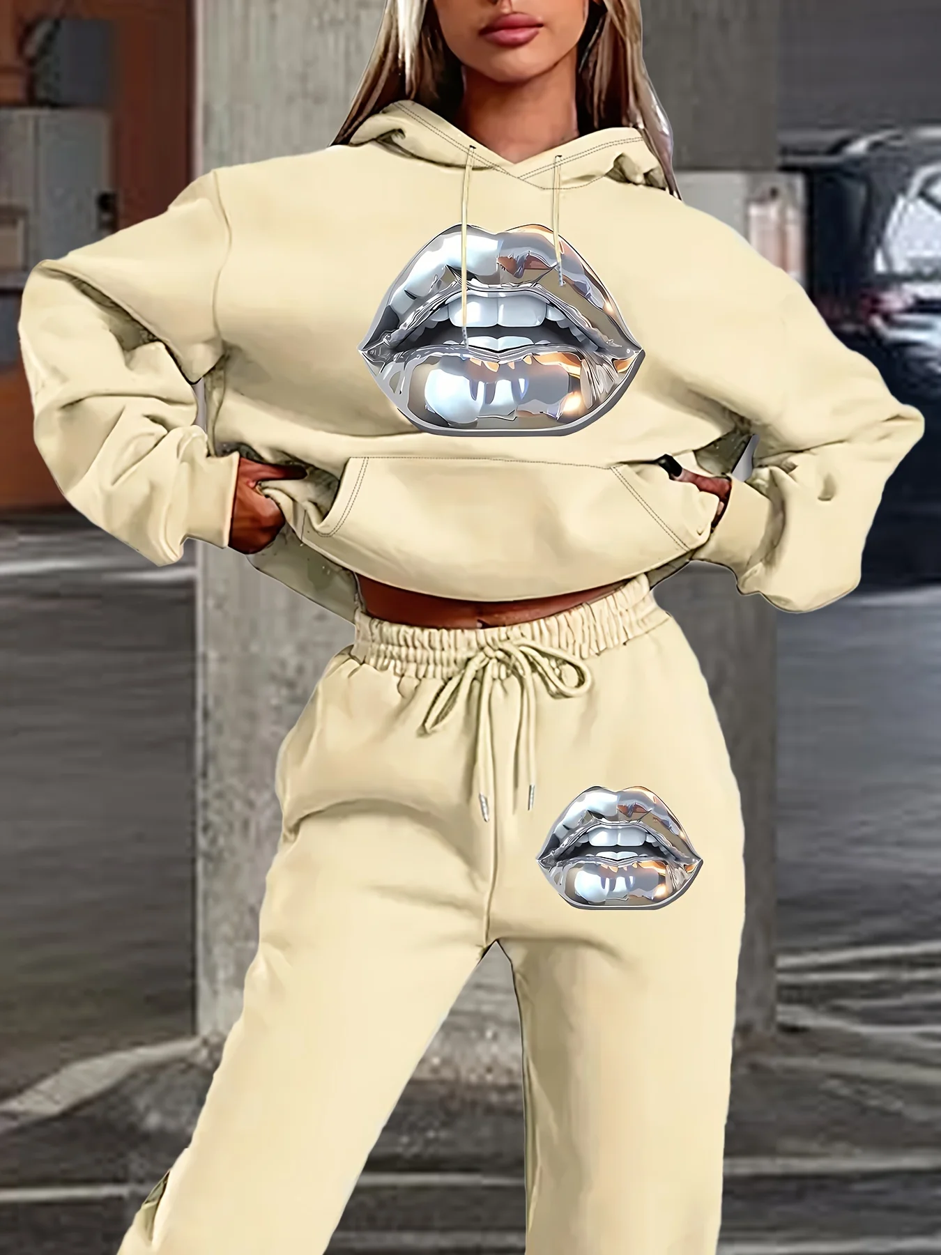2025 جديد فضي الشفاه طباعة ثلاثية الأبعاد مطبوعة المرأة مقنعين طويلة الأكمام البلوز مجموعة للترفيه المنزلي