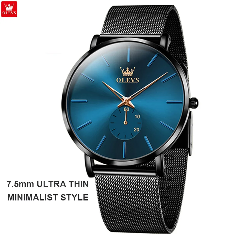 שעון קוורץ לגברים OLEVS 9954 דק במיוחד, עמיד למים, מינימליסטי ומאיר, עם רצועת מש