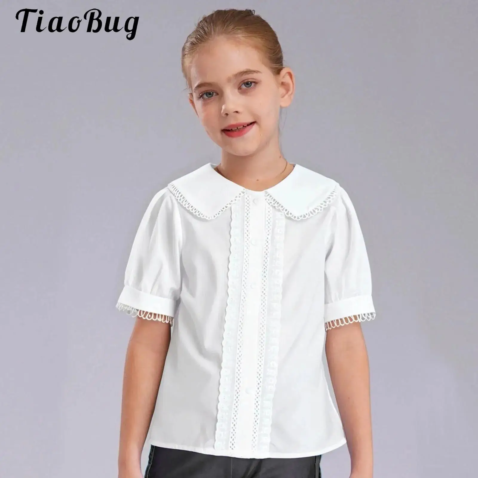 

Girls White Blouse Ruffle Short Sleeve Button Down Shirts Princess Cotton Loose Soft Tops Summer Lace Trim School Uniform Shirt