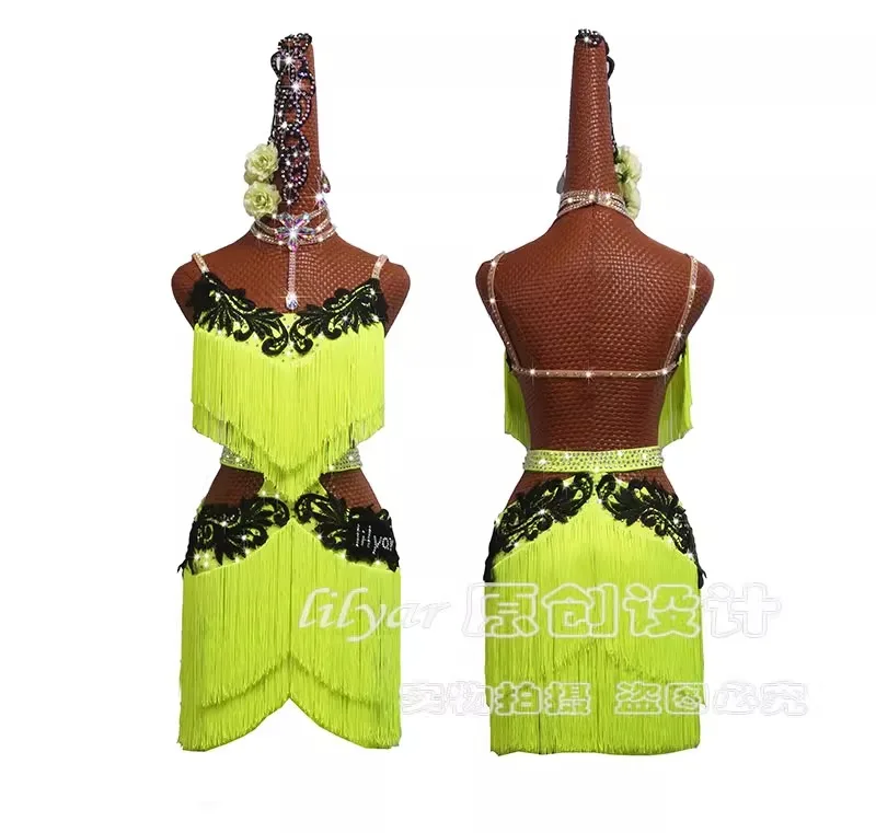 

Latin Dance dress High-end Custom Printed Beaded Tassel Dance Dress Cha Cha Tango Female Adult Stage Professional Clothing