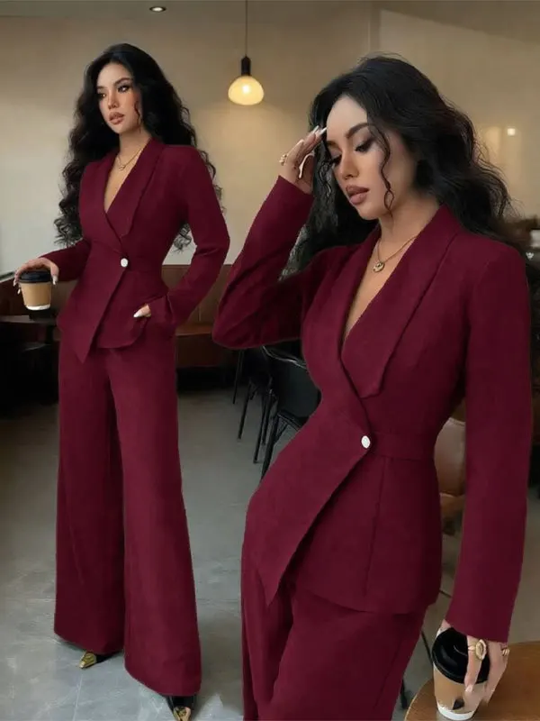 Damen-Wickelblazer-Anzug, zweiteiliges Set, mit Gürtel, V-Ausschnitt, langärmelige Jacke, Hose mit weitem Bein, schmal geschnitten, elegant, formell, für Büro und Partys. – Detail 16