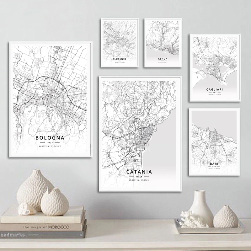 Poster Prints Bari Italy,Bologna,Catania,Florence Genoa Map Illustration Wall Art Canvas Painting Picture Living Room Home Decor