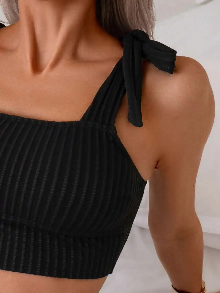 Womens Black Ribbed Bowknot Tankini Swimsuit Beach Vacation Swimwear
