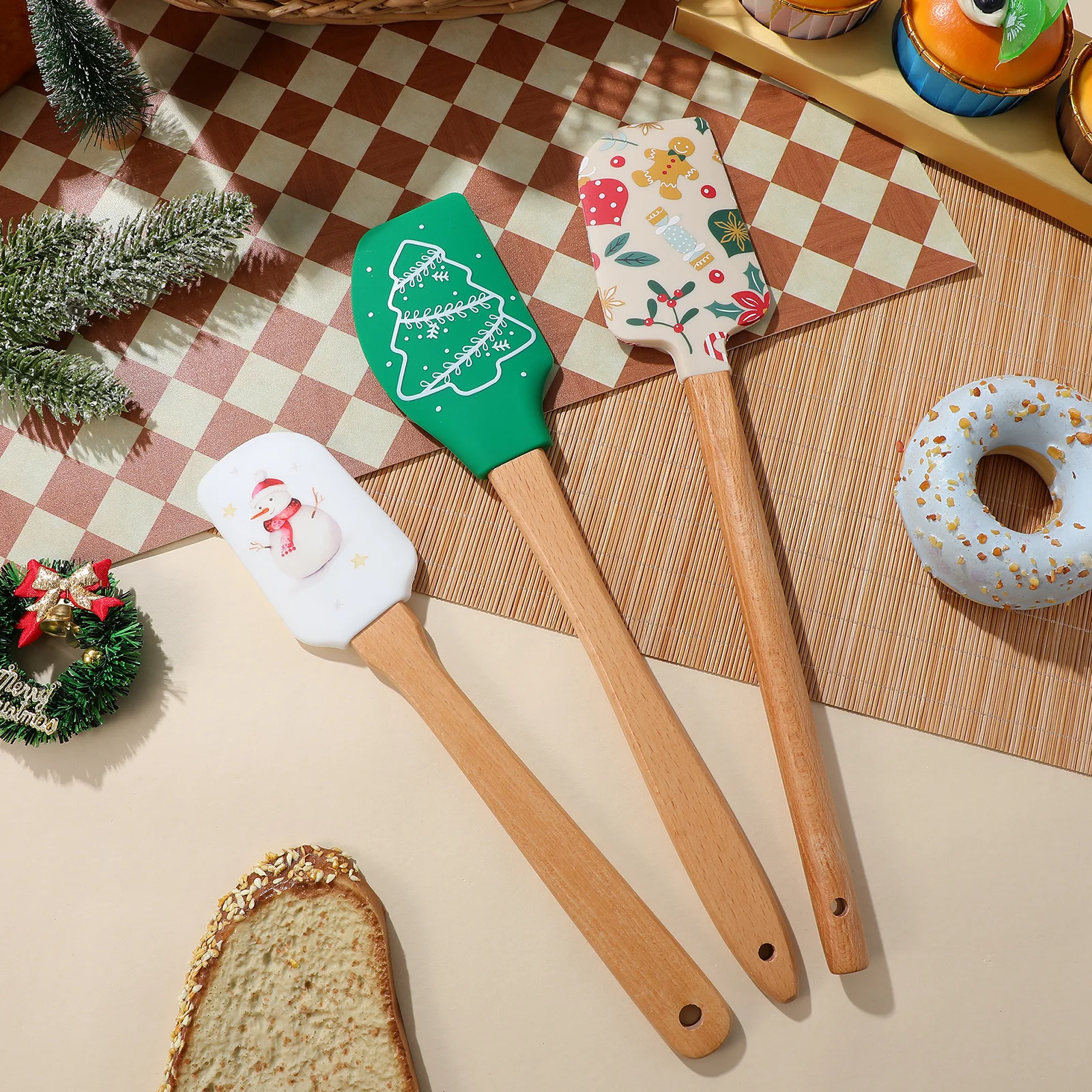 3 قطعة كعكة عيد الميلاد مكشطة سيليكون ملعقة الخشب مقبض الخبز أداة لخلط كشط الحلويات المربى زبدة غير عصا مفرشة #5