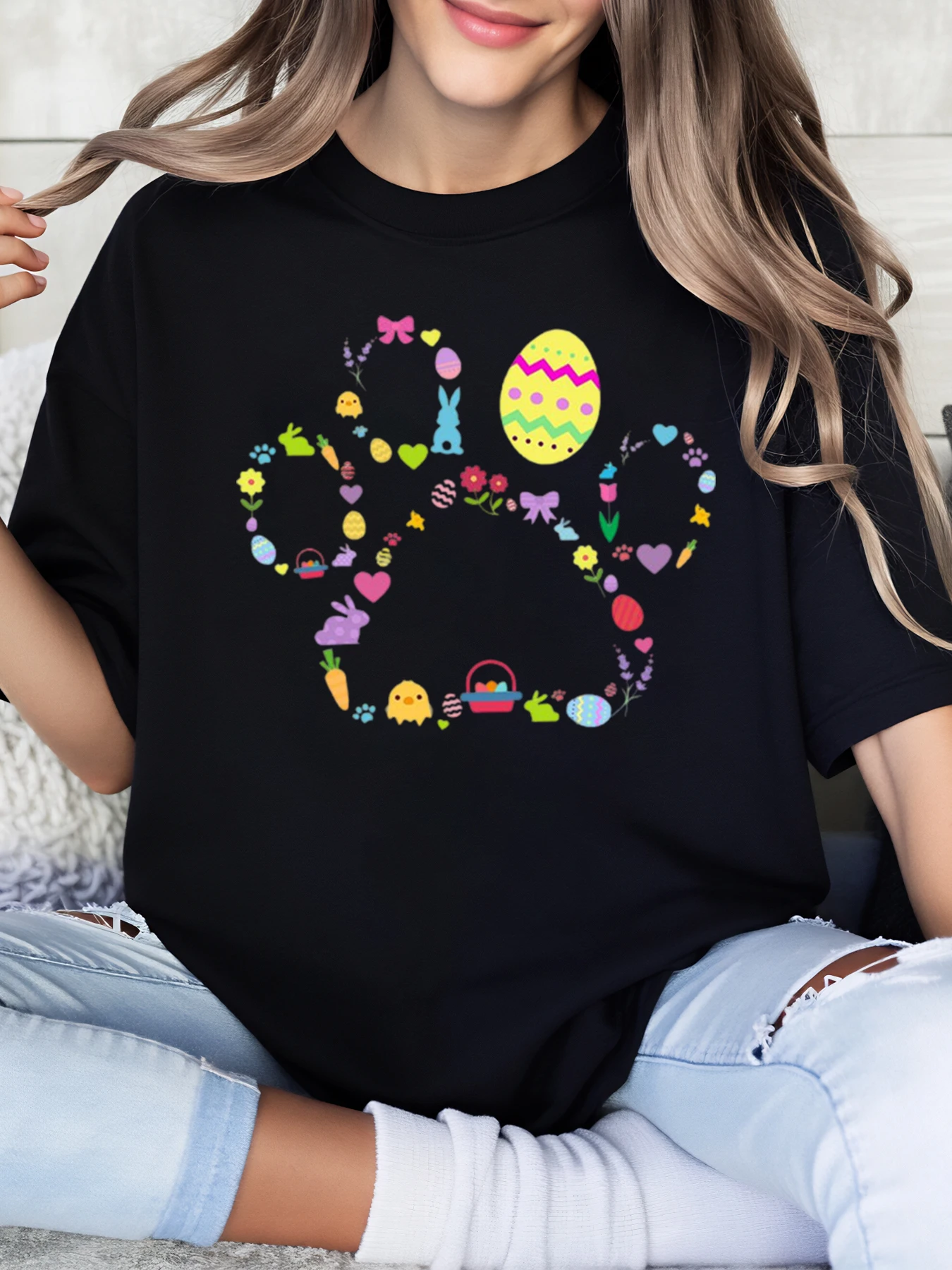 Ovo de páscoa e coelho estampado camiseta de páscoa feminina casual primavera roupa preta plus size