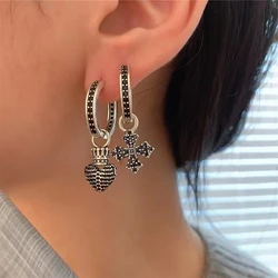 Vintage Black Zircon Cross Love Pendant Asymmetric Hoop Earrings for Women Delicate Creative Design Drop Earring Jewelry