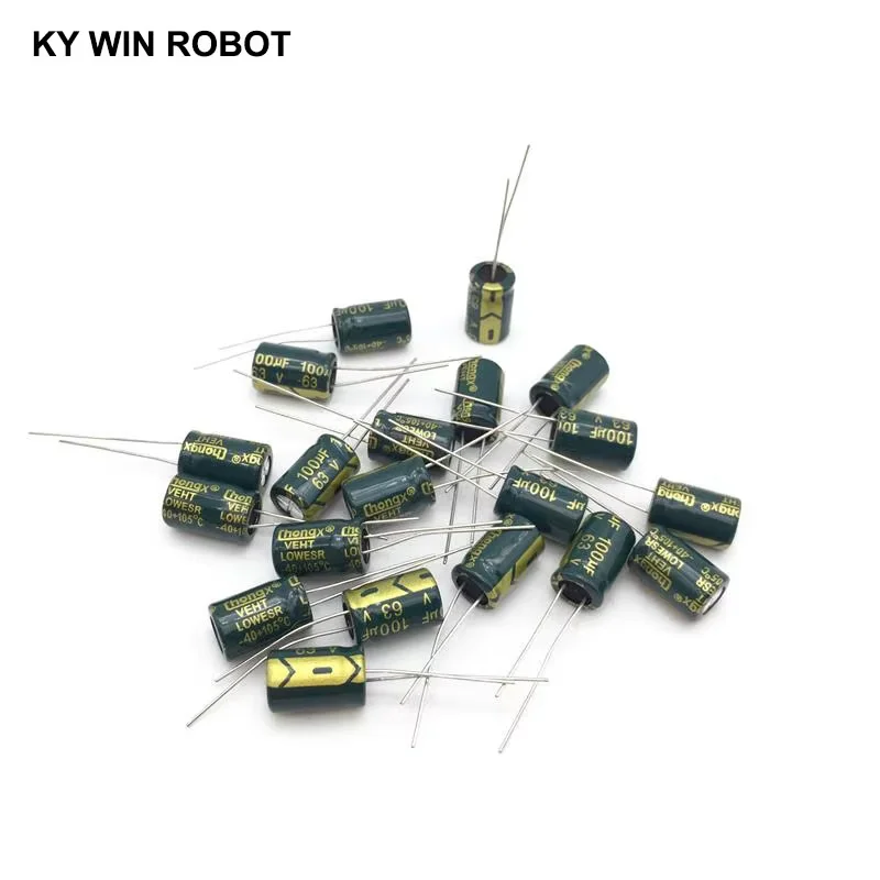 20 قطعة 100 فائق التوهج 63V 105C مُكثَّف كهربائيًا 63V 100 فائق التوهج 8x12 مللي متر الألومنيوم مُكثَّف كهربائيًا