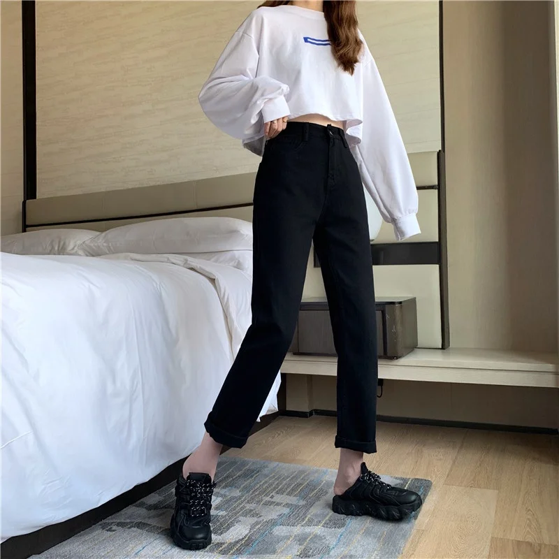 Thiened Fce Bla jean femme automne hiver ample taille haute jambe droite pantalon grande taille résistant à l'usure longue fermeture éclair