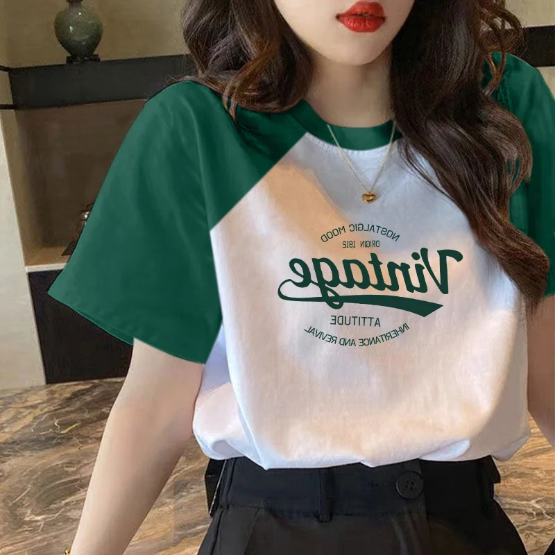 Summer Super Popular CEC Design Color Matching Plus size Short sleeve T-shirt Women Ins Trendy Oversize Loose Half Sleeve Top