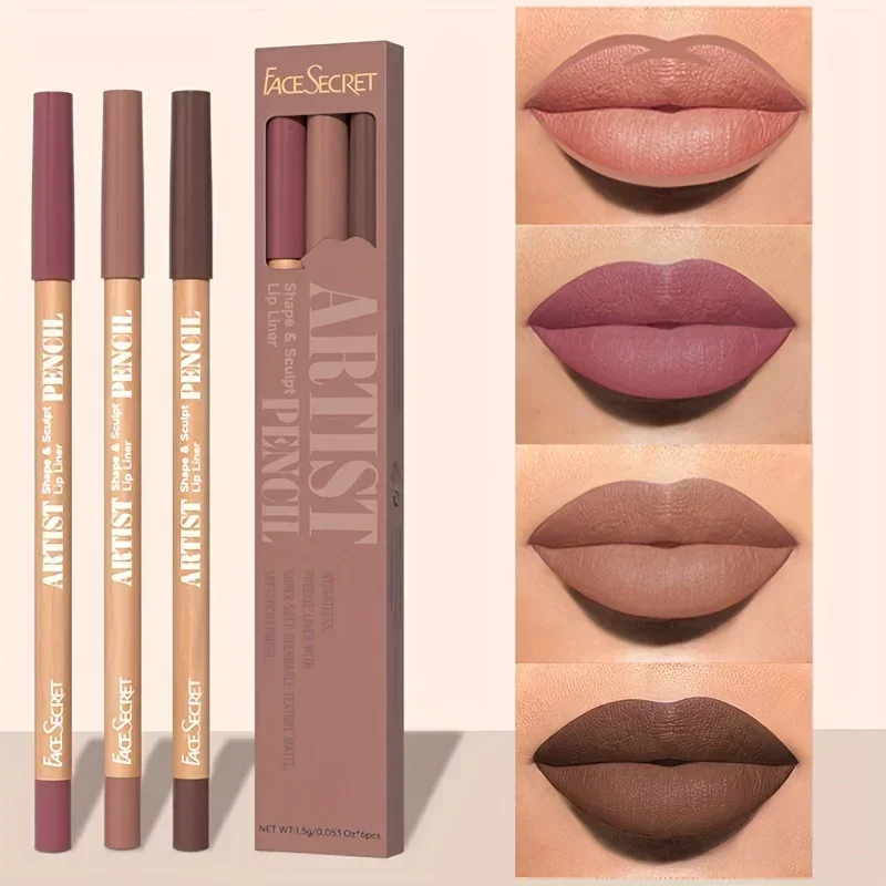 Face Secret Juego de 3 uds de delineador de labios desnudo, mate Natural, resistente al agua de larga duración, maquillaje de lápiz labial de línea de gancho de alta pigmentación