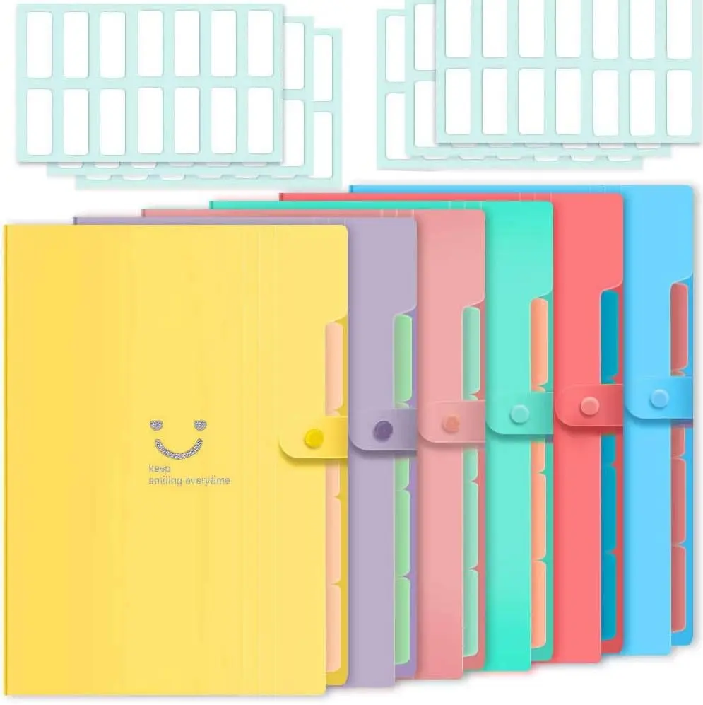 6 Pcs Expanding File Folder with 5 Pockets Organizer Plastic A4 Size and 168 Pcs File Folder Labels for School Teacher supplies