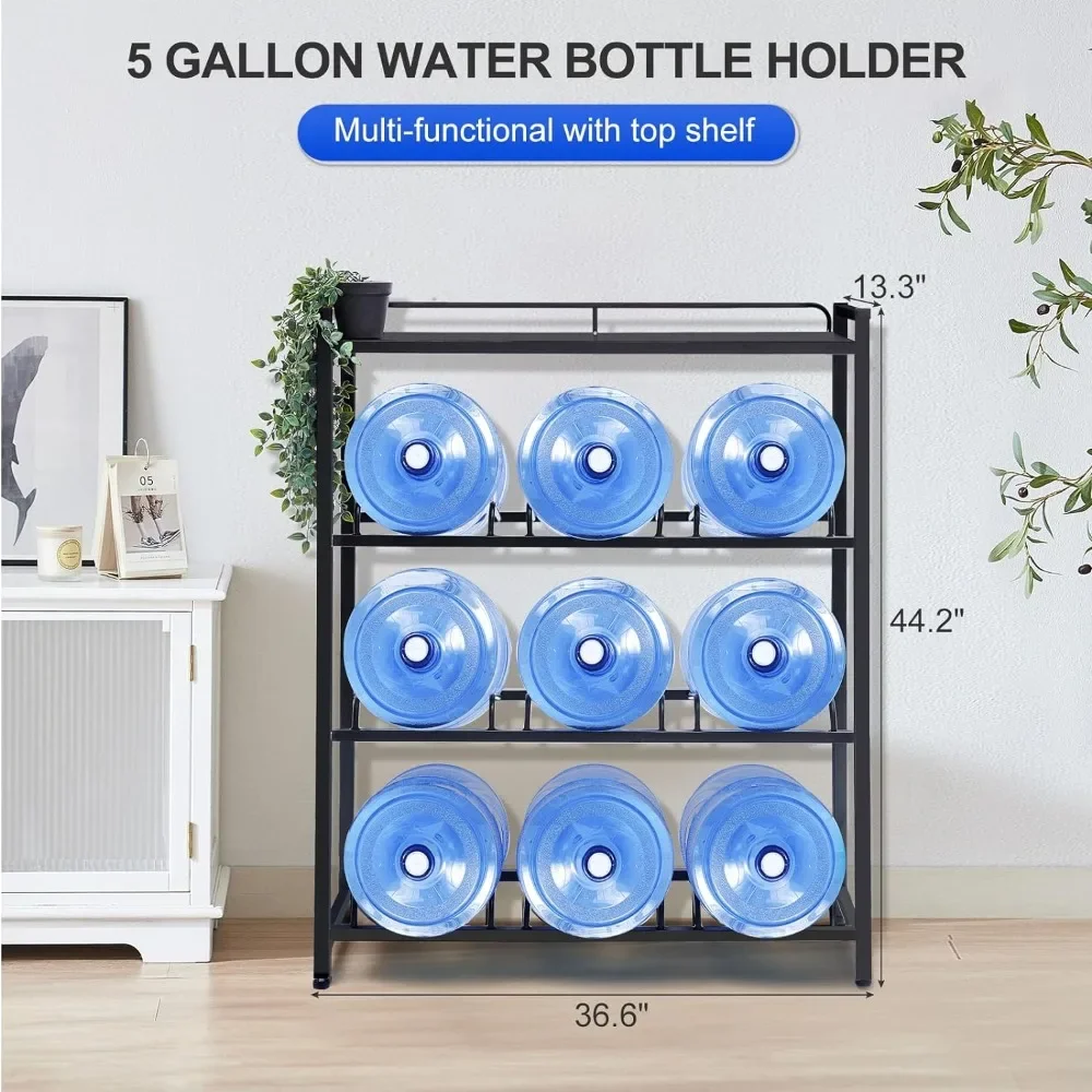 5 Gallon Water Bottle Holder 9Tray 3/5Gallon Water Jug Rack with Top Shelf Heavy Duty 5 Gallon Water Jug Stand for Kitchen,Black