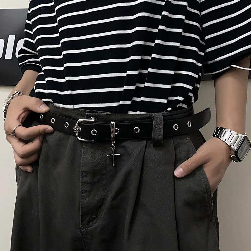 Retro Niche PU Leather Belt Coats Pants Decorative Waistband Metal Cross Pendant Y2k Punk Waistband Pointed Metal Pin Buckle