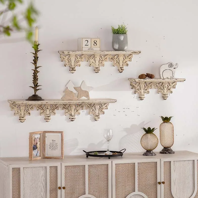 

Garden Straight-Line Storage Rack Vin tage Distressed Carved Layered Rack Homestay Backgr ound Wall Decorative Rack Wall Hanging